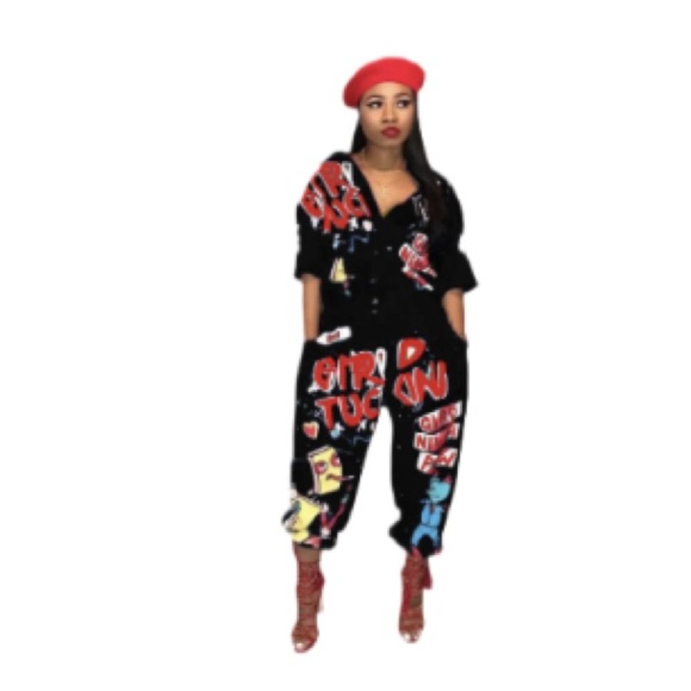 Stylish Black Cartoon Graphic Jumpsuit Sz XL